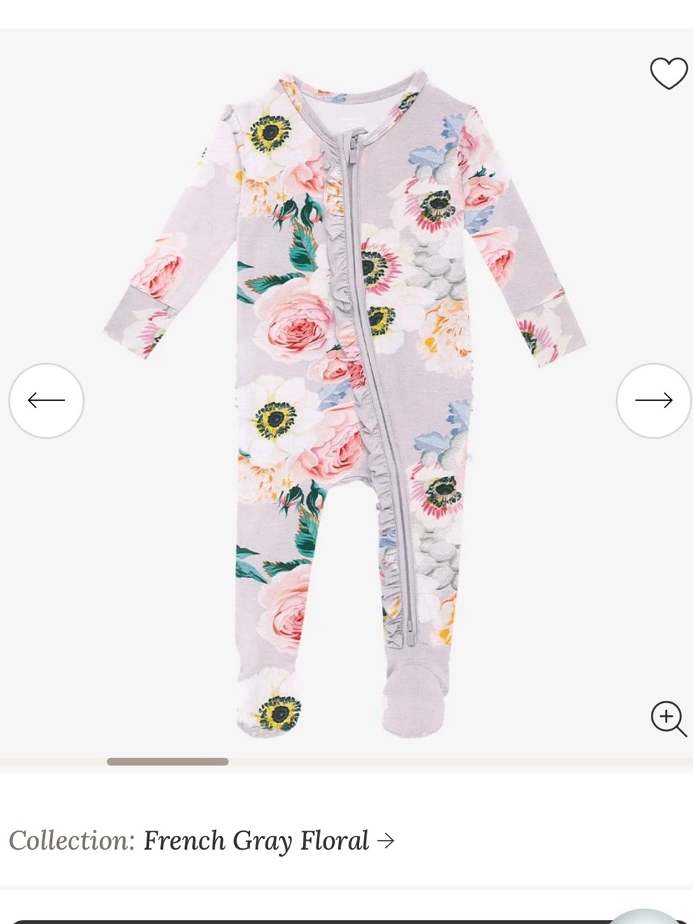NWT Posh Peanut Footie Ruffled Zippered One Piece - French Gray Floral